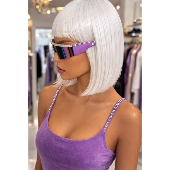 Sunglasses Women Purple Diamond Rimless Futuristic Shield Frameless bling - Picture 3 of 5